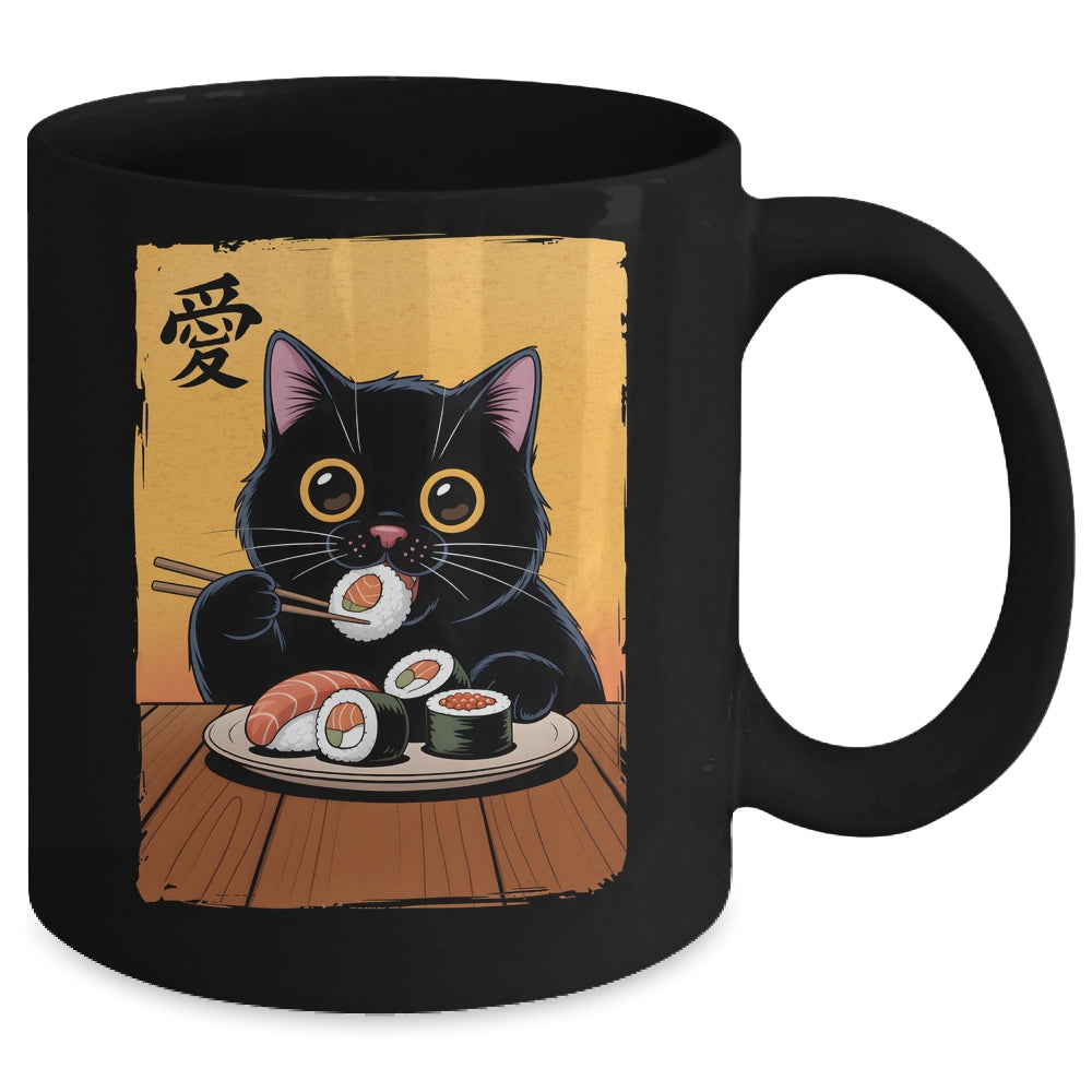 Cute Kawaii Black Cat Eating Sushi Funny Japanese Black Cat Mug | teecentury