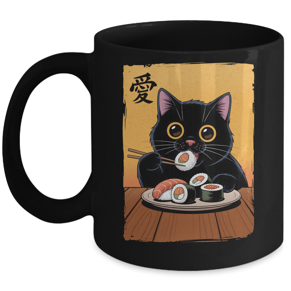 Cute Kawaii Black Cat Eating Sushi Funny Japanese Black Cat Mug | teecentury