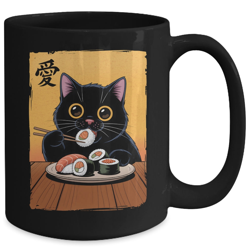 Cute Kawaii Black Cat Eating Sushi Funny Japanese Black Cat Mug | teecentury