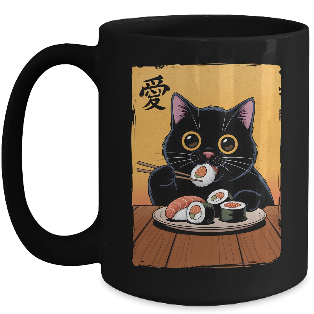 Cute Kawaii Black Cat Eating Sushi Funny Japanese Black Cat Mug | teecentury