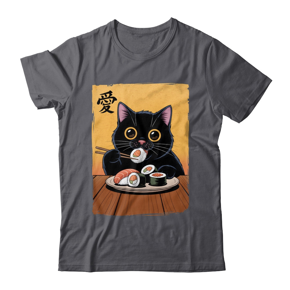 Cute Kawaii Black Cat Eating Sushi Funny Japanese Black Cat Shirt & Tank Top | teecentury