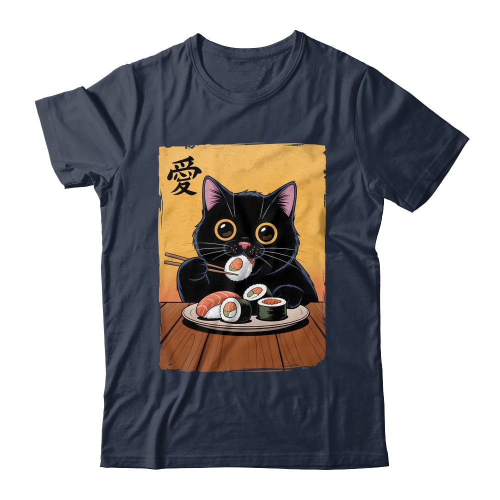 Cute Kawaii Black Cat Eating Sushi Funny Japanese Black Cat Shirt & Tank Top | teecentury
