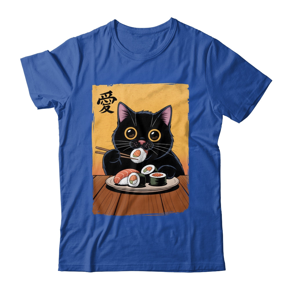 Cute Kawaii Black Cat Eating Sushi Funny Japanese Black Cat Shirt & Tank Top | teecentury