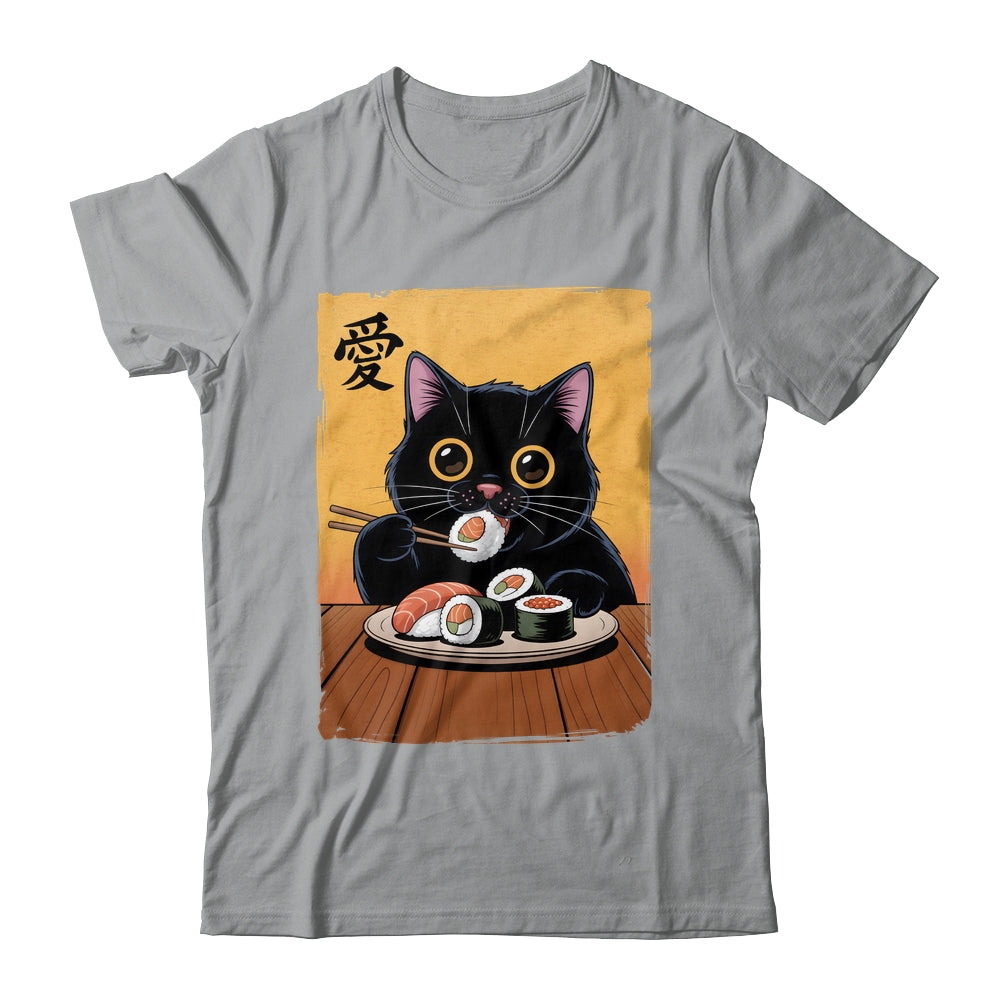Cute Kawaii Black Cat Eating Sushi Funny Japanese Black Cat Shirt & Tank Top | teecentury