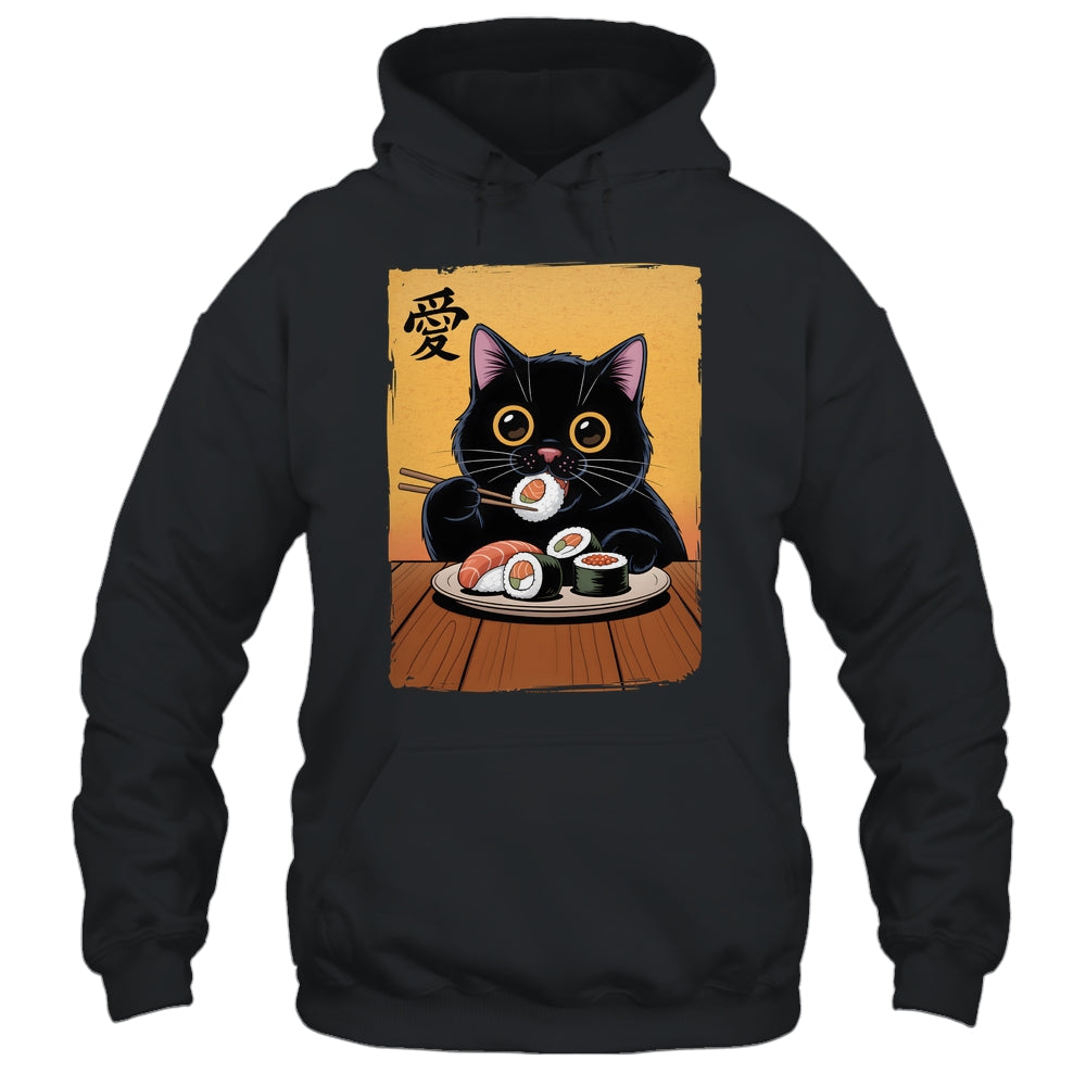 Cute Kawaii Black Cat Eating Sushi Funny Japanese Black Cat Shirt & Tank Top | teecentury