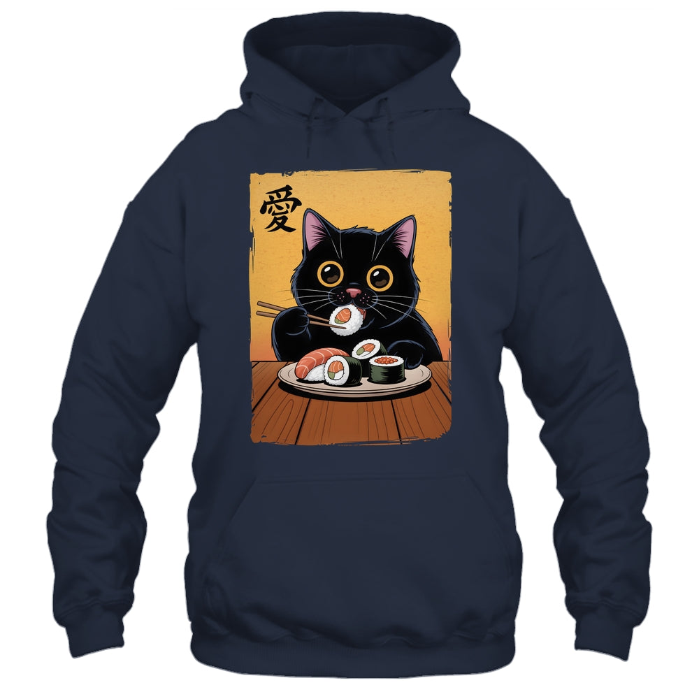 Cute Kawaii Black Cat Eating Sushi Funny Japanese Black Cat Shirt & Tank Top | teecentury