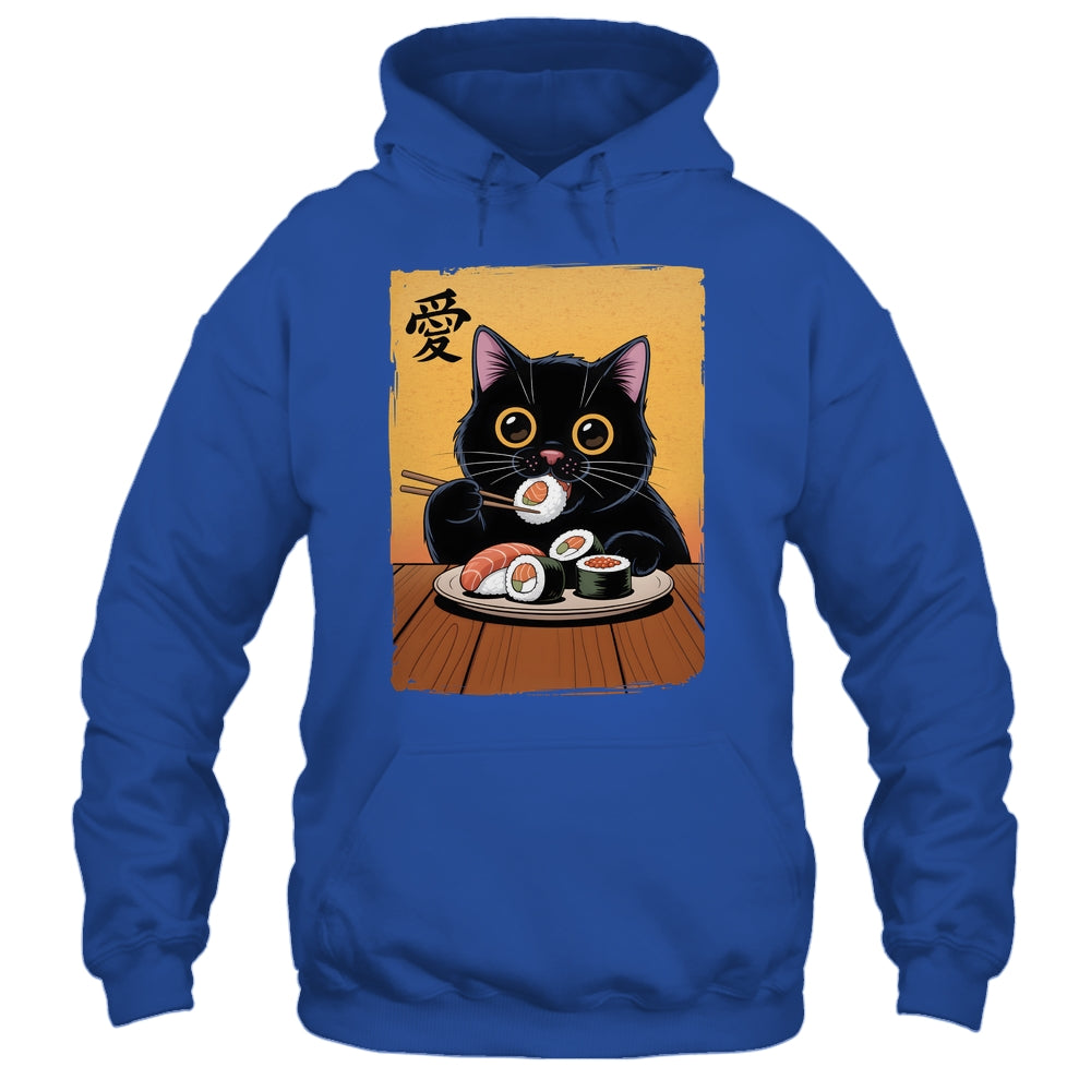 Cute Kawaii Black Cat Eating Sushi Funny Japanese Black Cat Shirt & Tank Top | teecentury
