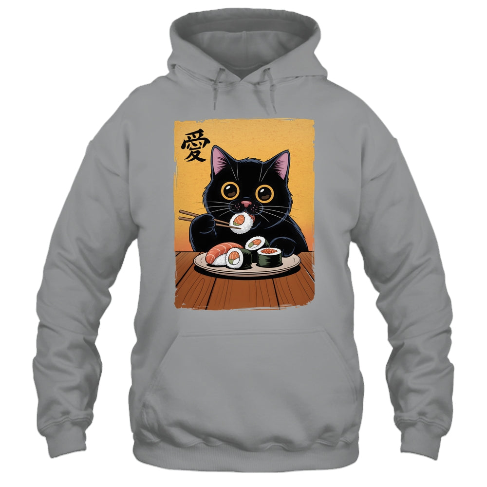Cute Kawaii Black Cat Eating Sushi Funny Japanese Black Cat Shirt & Tank Top | teecentury