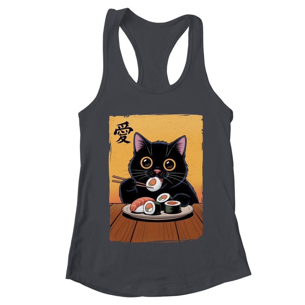 Cute Kawaii Black Cat Eating Sushi Funny Japanese Black Cat Shirt & Tank Top | teecentury