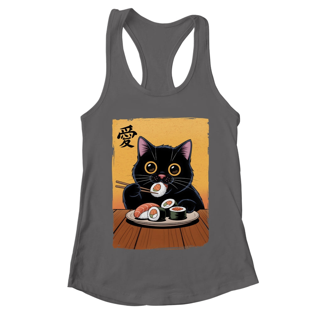 Cute Kawaii Black Cat Eating Sushi Funny Japanese Black Cat Shirt & Tank Top | teecentury