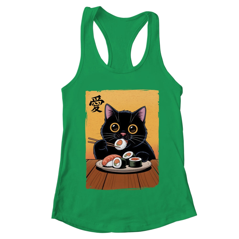 Cute Kawaii Black Cat Eating Sushi Funny Japanese Black Cat Shirt & Tank Top | teecentury