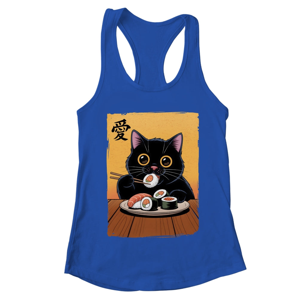 Cute Kawaii Black Cat Eating Sushi Funny Japanese Black Cat Shirt & Tank Top | teecentury
