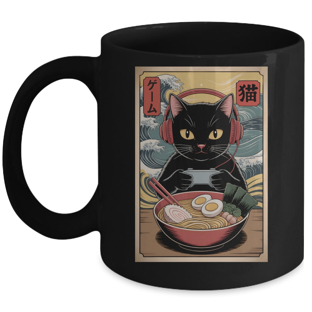 Cute Kawaii Gamer Cat Funny Ramen Retro Japanese Cat Gaming Mug | teecentury