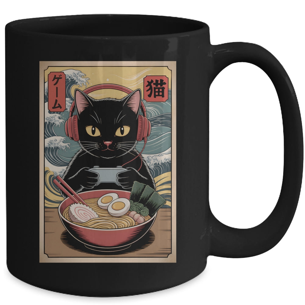 Cute Kawaii Gamer Cat Funny Ramen Retro Japanese Cat Gaming Mug | teecentury