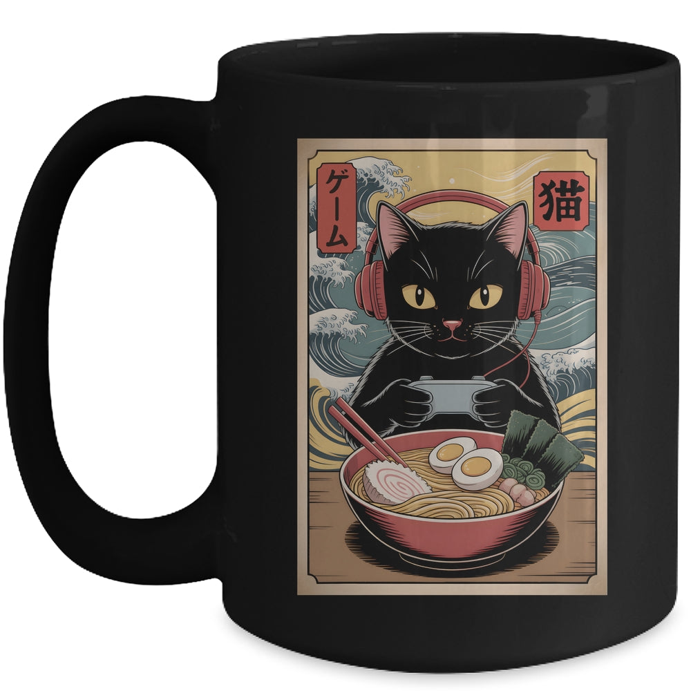 Cute Kawaii Gamer Cat Funny Ramen Retro Japanese Cat Gaming Mug | teecentury