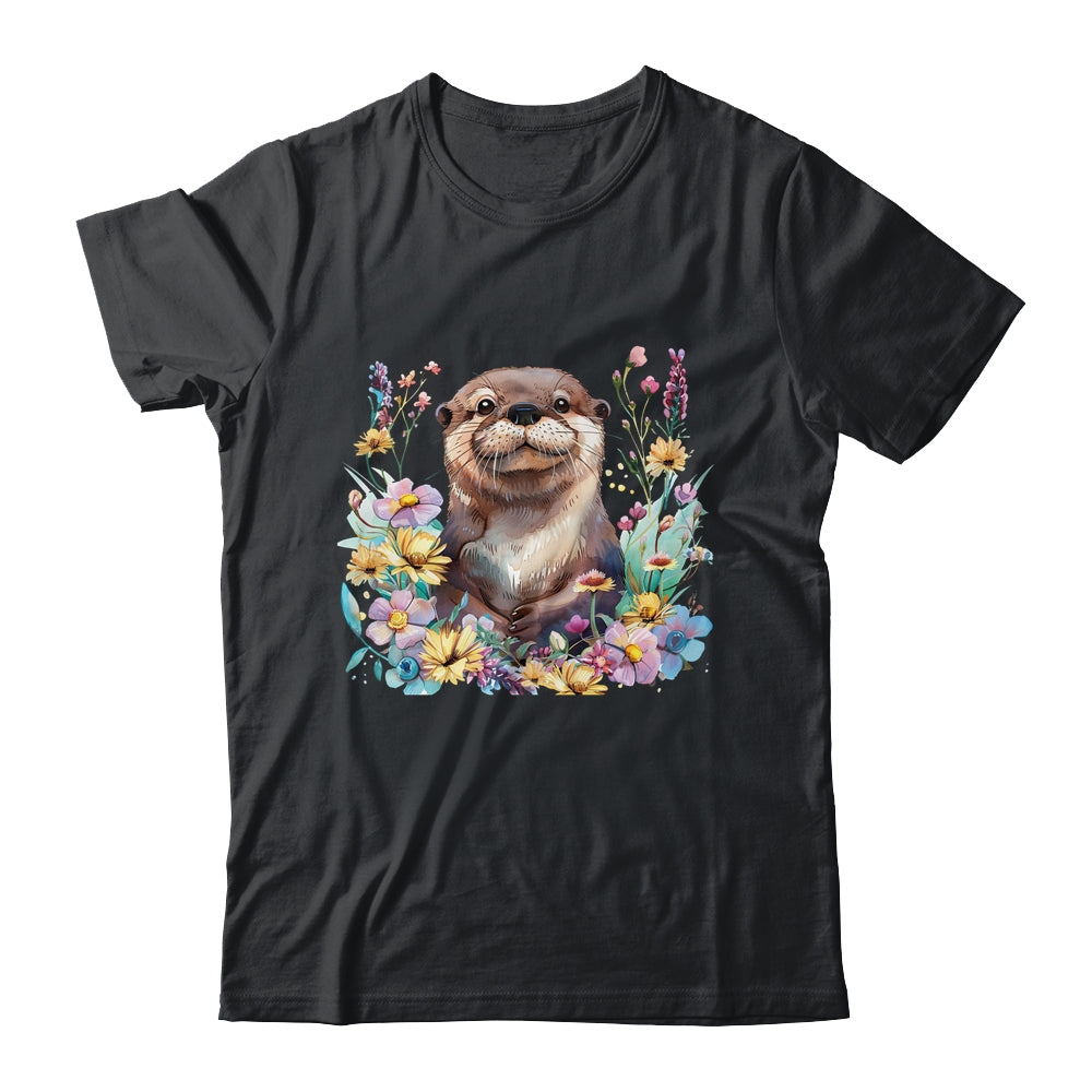 Cute Otter Face Floral Watercolor Painting Sea Otter Lover Shirt & Tank Top | teecentury