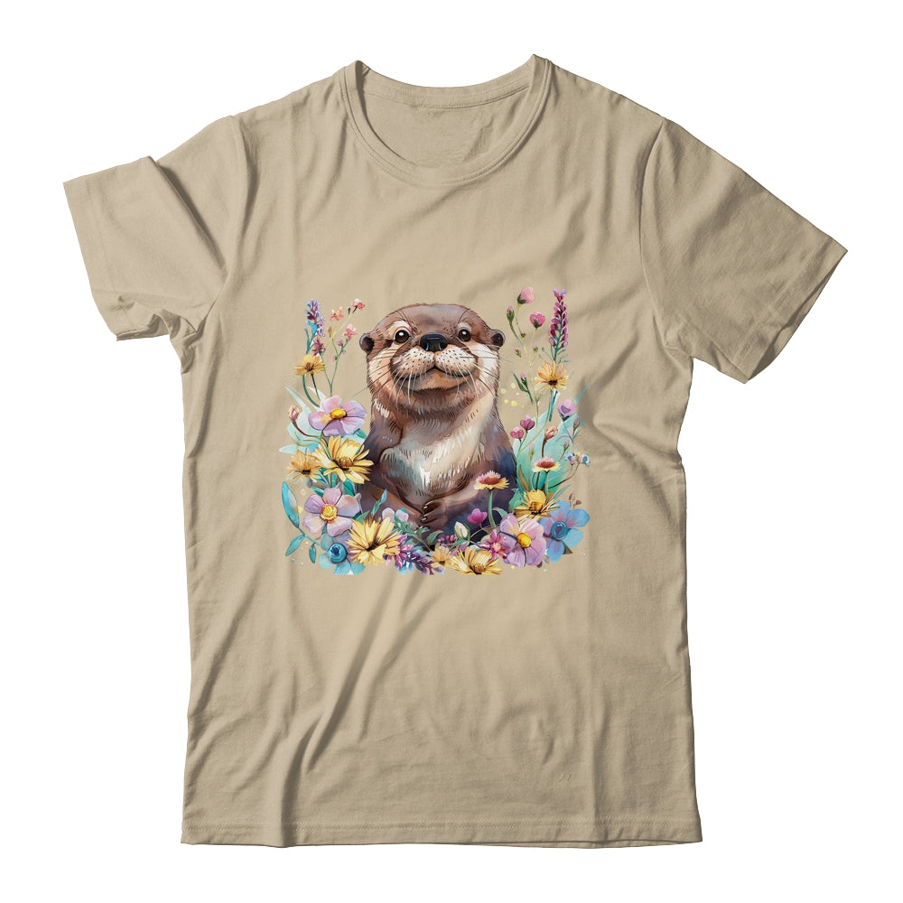 Cute Otter Face Floral Watercolor Painting Sea Otter Lover Shirt & Tank Top | teecentury
