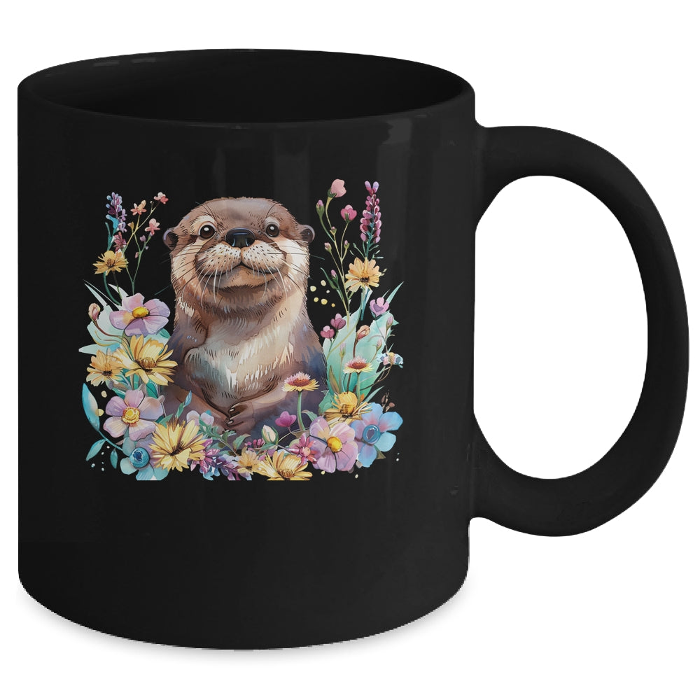 Cute Otter Face Floral Watercolor Painting Sea Otter Lover Mug | teecentury