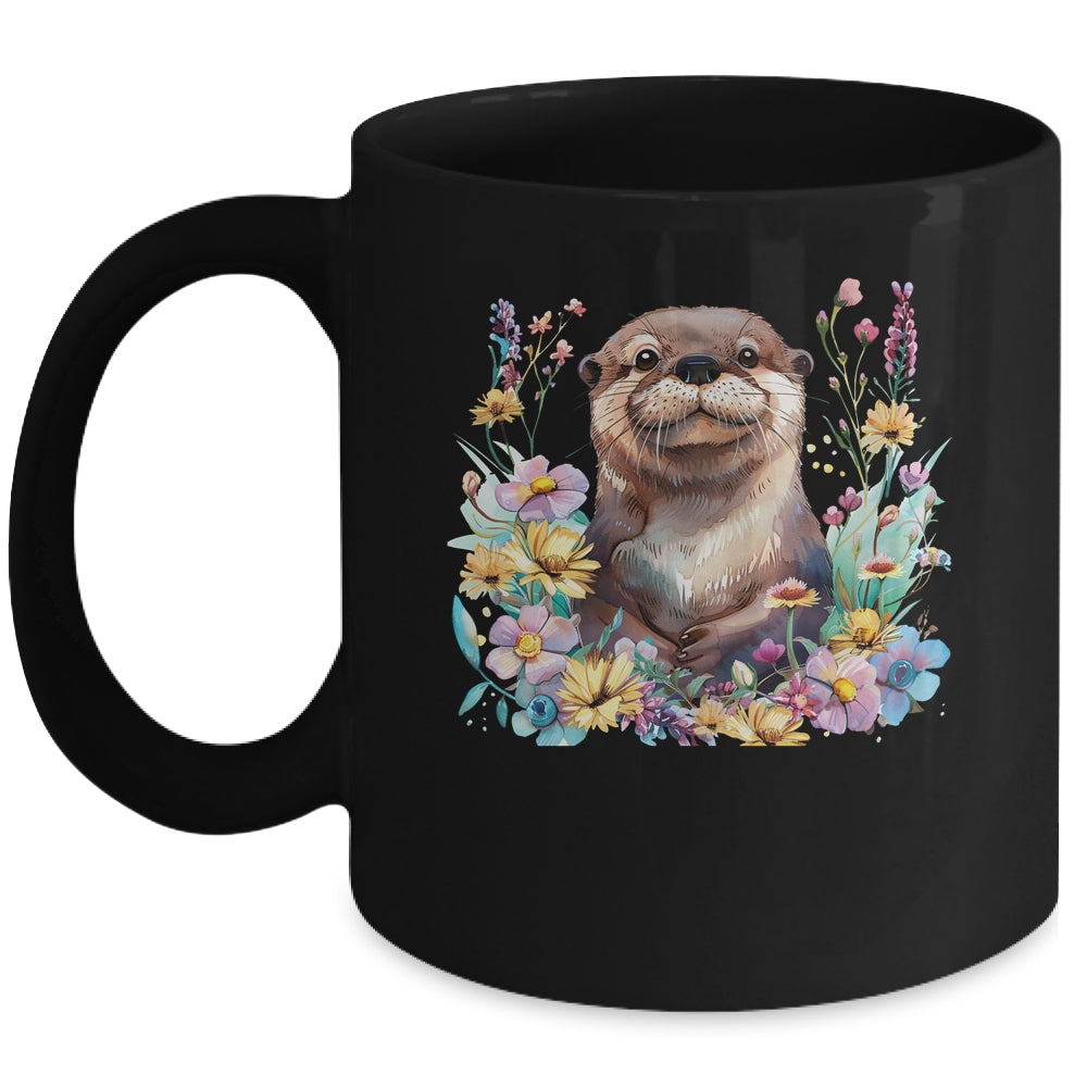 Cute Otter Face Floral Watercolor Painting Sea Otter Lover Mug | teecentury