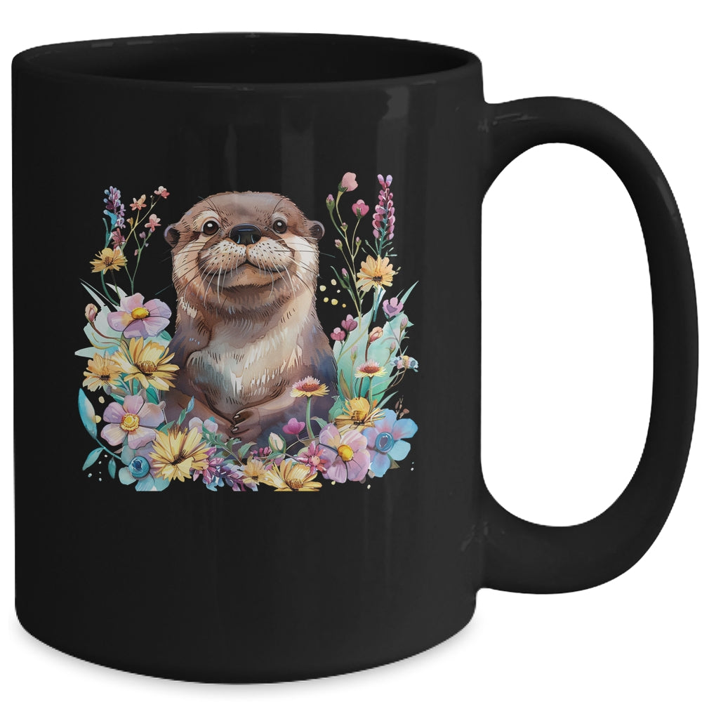 Cute Otter Face Floral Watercolor Painting Sea Otter Lover Mug | teecentury