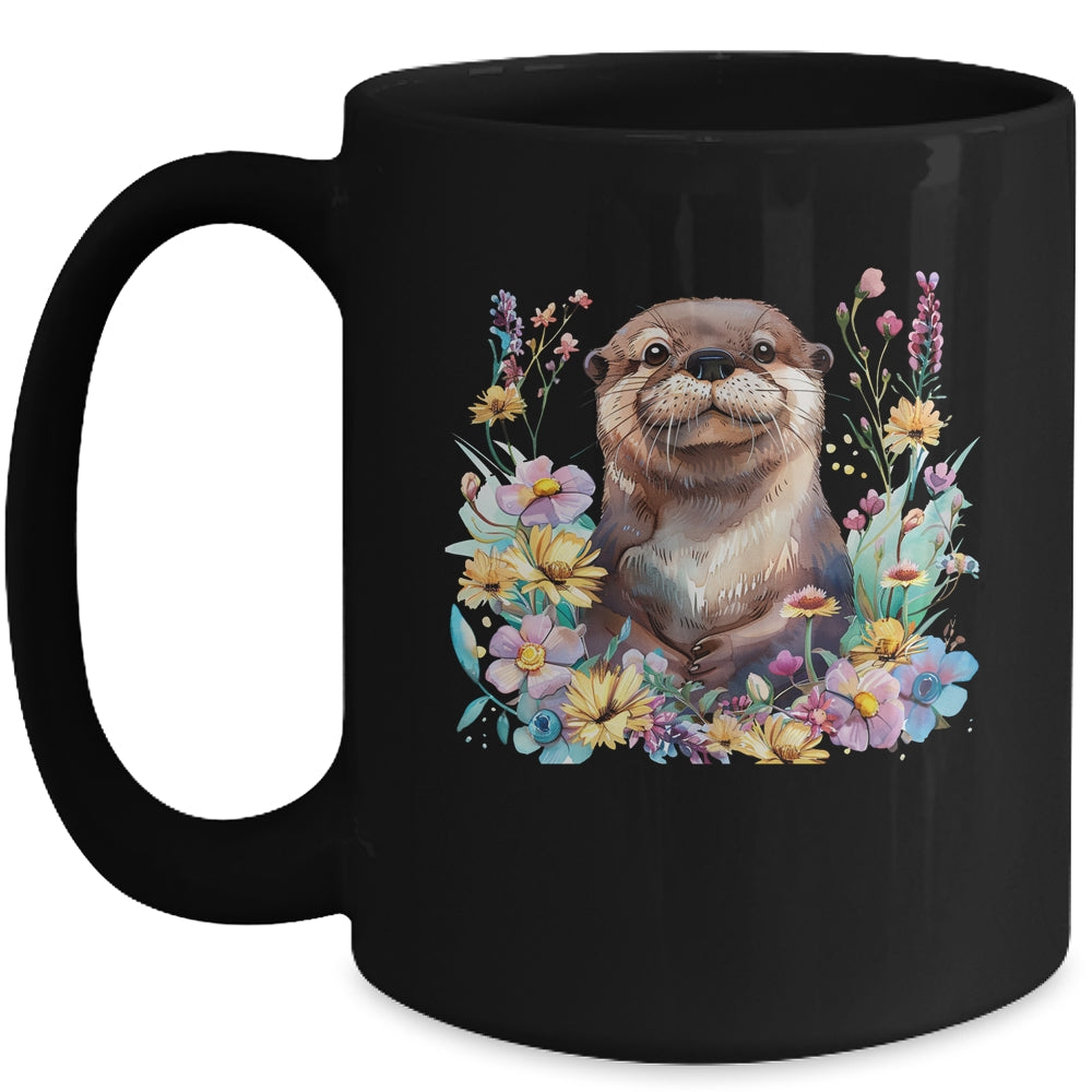 Cute Otter Face Floral Watercolor Painting Sea Otter Lover Mug | teecentury