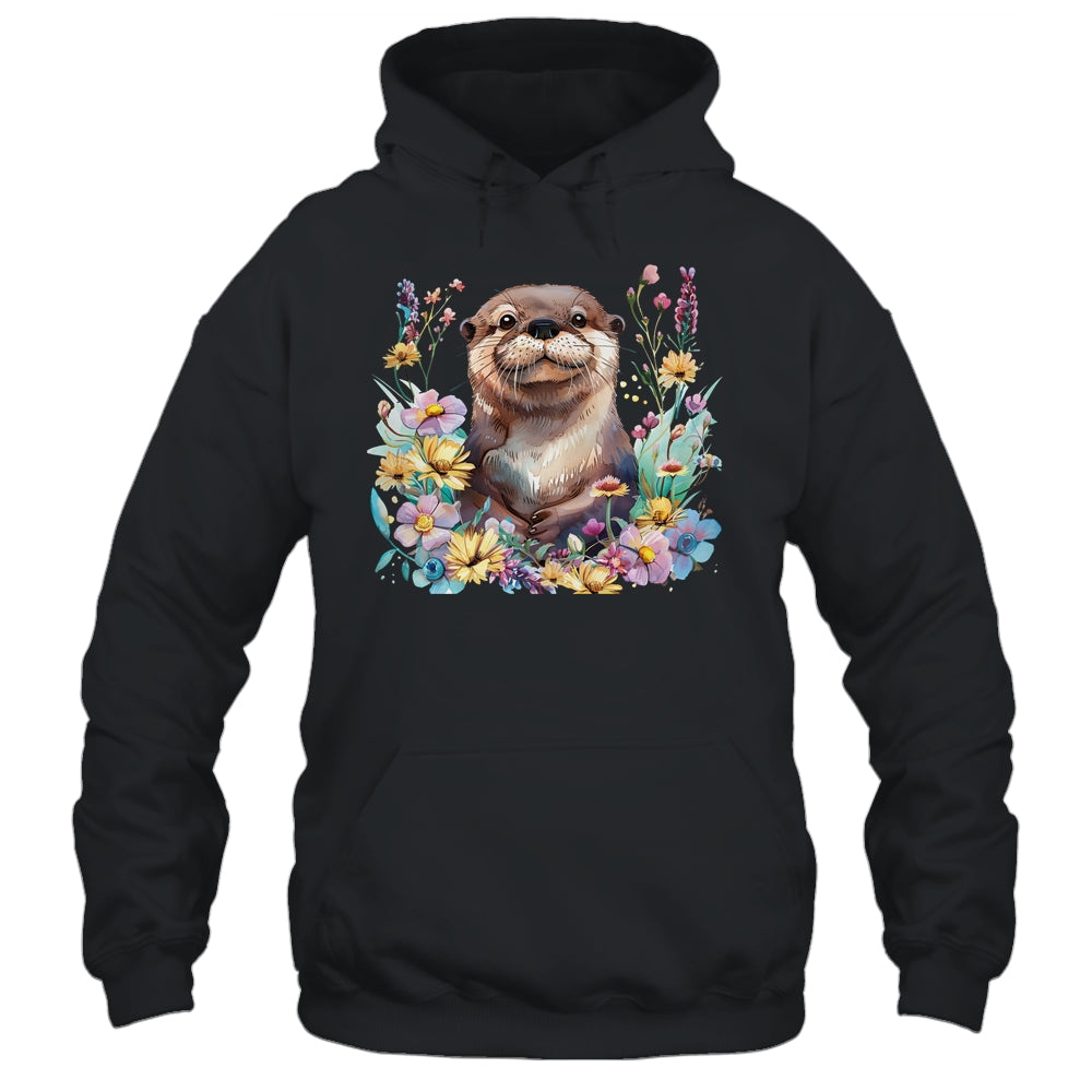 Cute Otter Face Floral Watercolor Painting Sea Otter Lover Shirt & Tank Top | teecentury