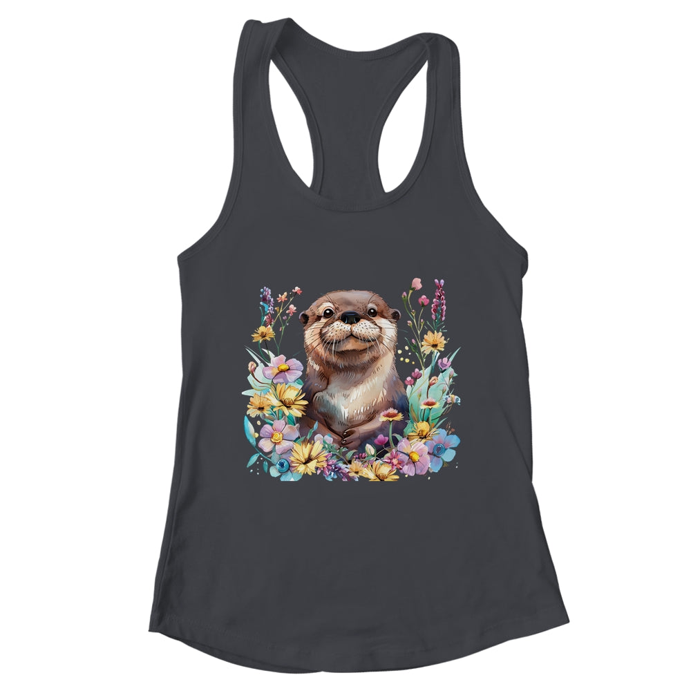 Cute Otter Face Floral Watercolor Painting Sea Otter Lover Shirt & Tank Top | teecentury
