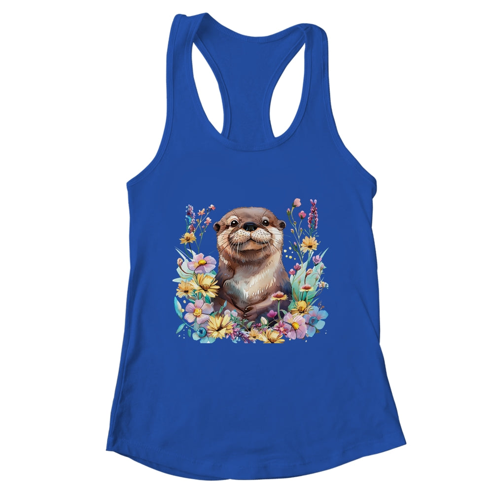 Cute Otter Face Floral Watercolor Painting Sea Otter Lover Shirt & Tank Top | teecentury