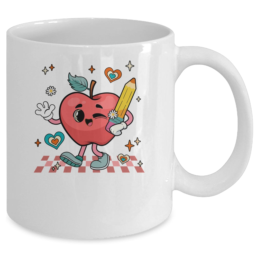 Cute Retro Checkered Apple With Face Teacher Pencil School Mug | teecentury