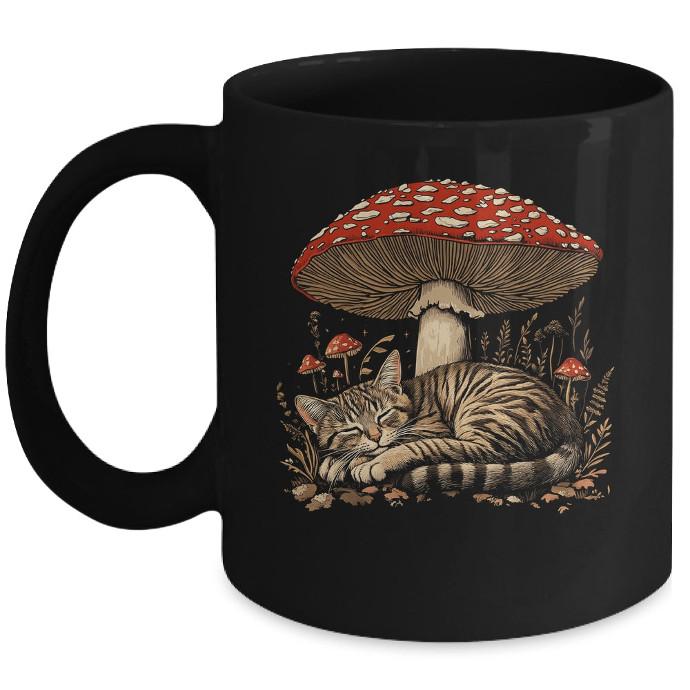 Cute Tabby Cat Gray Cat Cottagecore Aesthetic Mushroom Mug | teecentury
