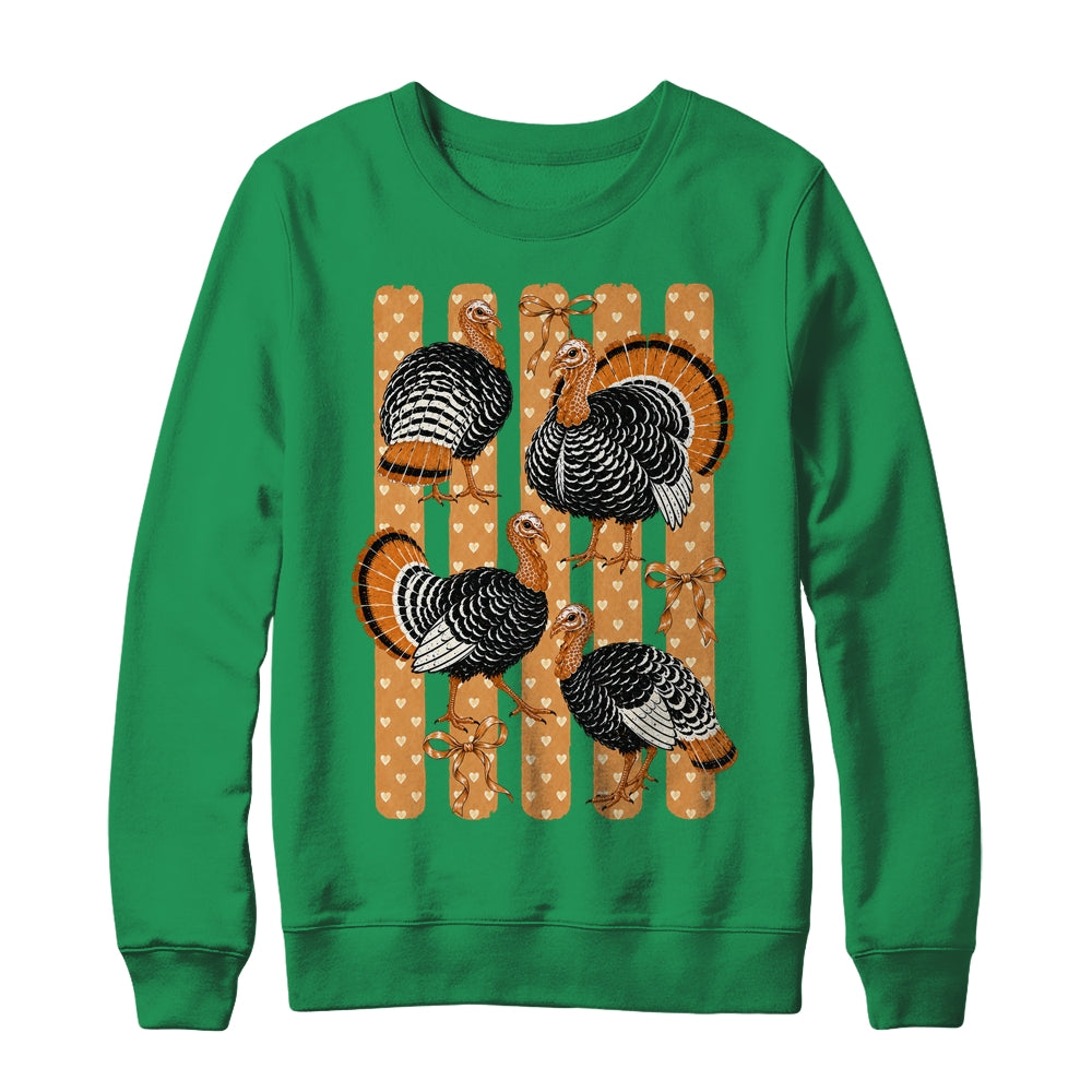 Cute Thanksgiving Turkey Stripes Coquette Bow Fall Women Shirt & Sweatshirt | teecentury