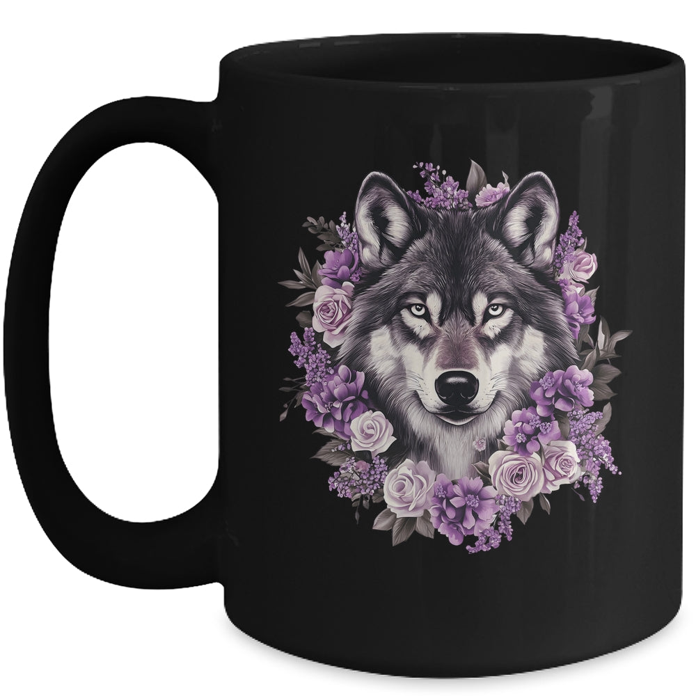 Cute Wolf Art For Women Girls Floral Wolves Wolf Lover Mug | teecentury