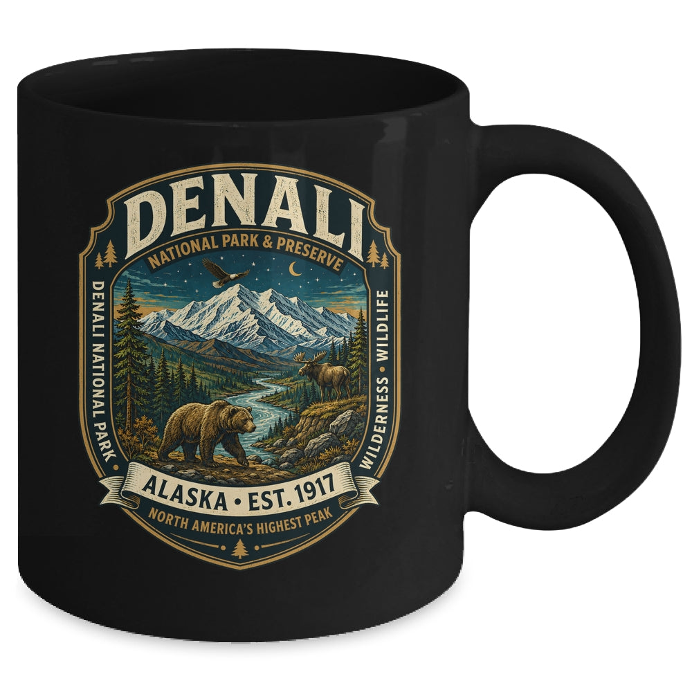 Denali National Park Alaska Mountain Wildlife Vintage Badge Mug | teecentury