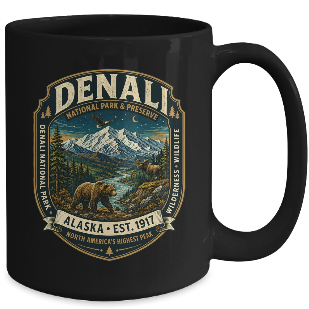 Denali National Park Alaska Mountain Wildlife Vintage Badge Mug | teecentury