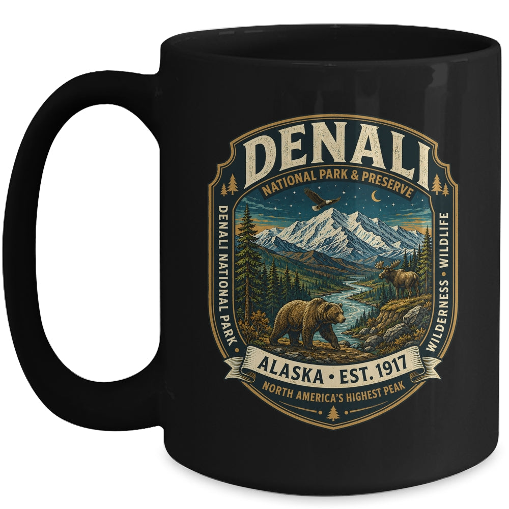 Denali National Park Alaska Mountain Wildlife Vintage Badge Mug | teecentury