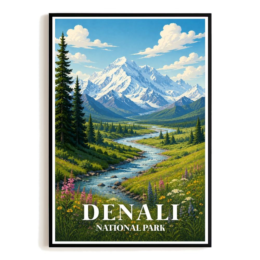 Denali National Park Alaska Travel Poster Vintage Mountain River Landscape Wall Art Decor For Home Living Room Office Bedroom Kitchen Bathroom Unframed | teecentury