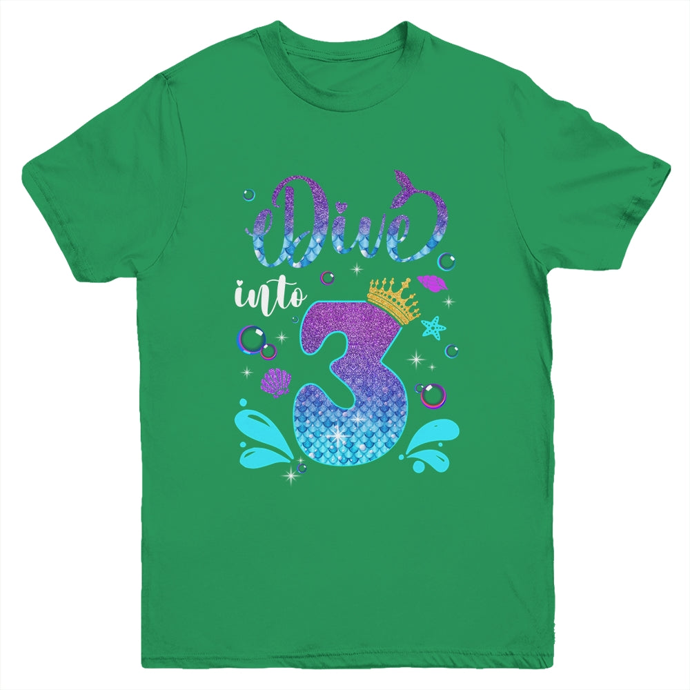 Dive Into 3 Birthday Decorations Girl 3rd Birthday Mermaid Youth Shirt | teecentury