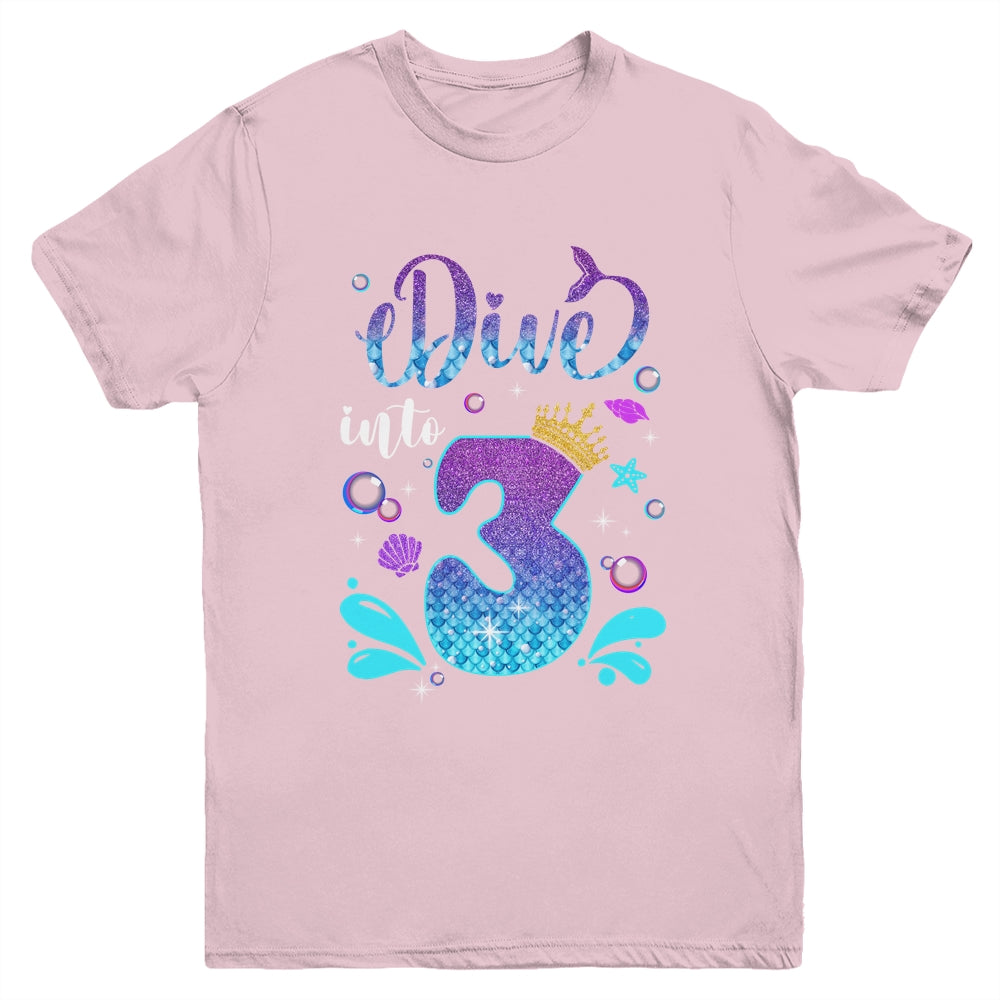 Dive Into 3 Birthday Decorations Girl 3rd Birthday Mermaid Youth Shirt | teecentury
