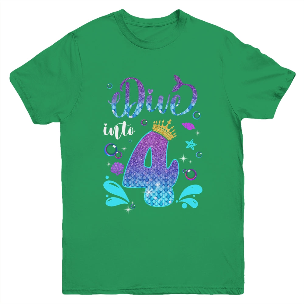 Dive Into 4 Birthday Decorations Girl 4th Birthday Mermaid Youth Shirt | teecentury
