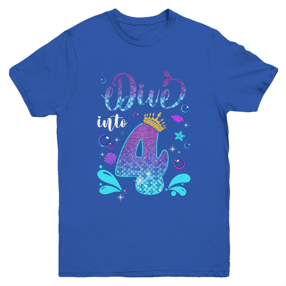 Dive Into 4 Birthday Decorations Girl 4th Birthday Mermaid Youth Shirt | teecentury