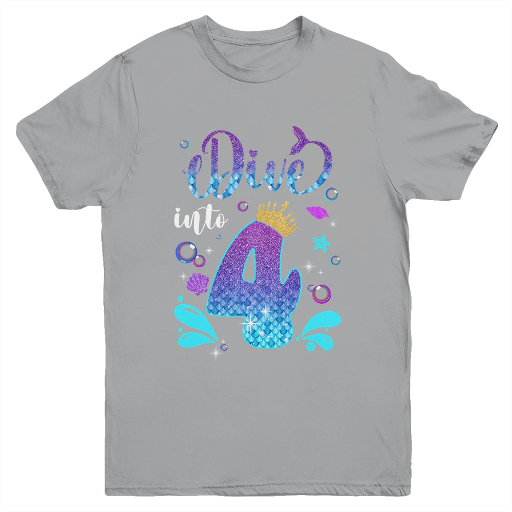 Dive Into 4 Birthday Decorations Girl 4th Birthday Mermaid Youth Shirt | teecentury