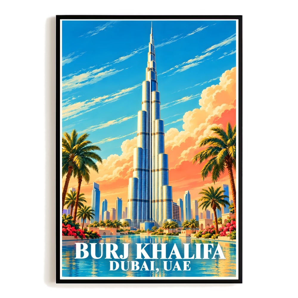 Dubai Uae Burj Khalifa Skyline Travel Poster Vintage Middle East Wall Art Print Modern Architecture Cityscape Decor For Home Living Room Office Bedroom Gift Unframed | teecentury