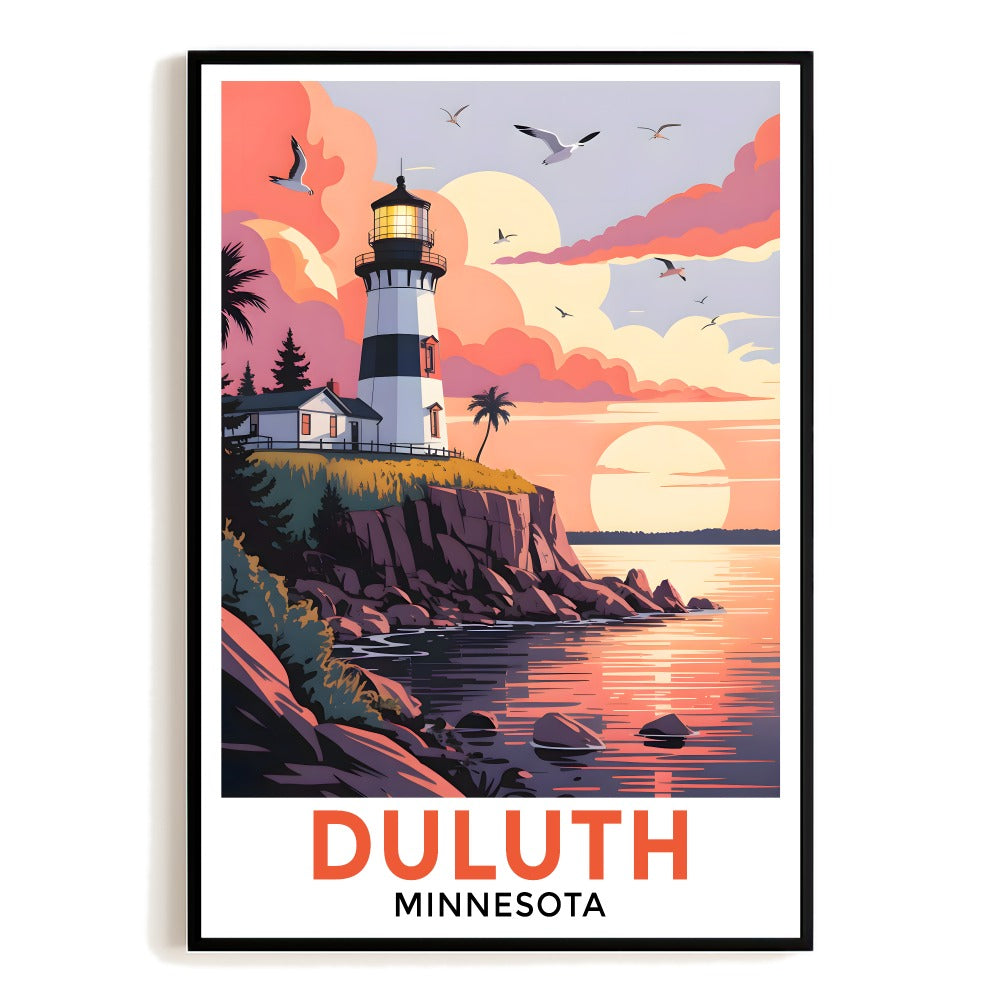 Duluth Minnesota Vintage Travel Poster Iconic Lighthouse Sunset Wall Art Landscape Print For Home Decor And Lake Superior Lovers Living Room Office Decor Unframed | teecentury