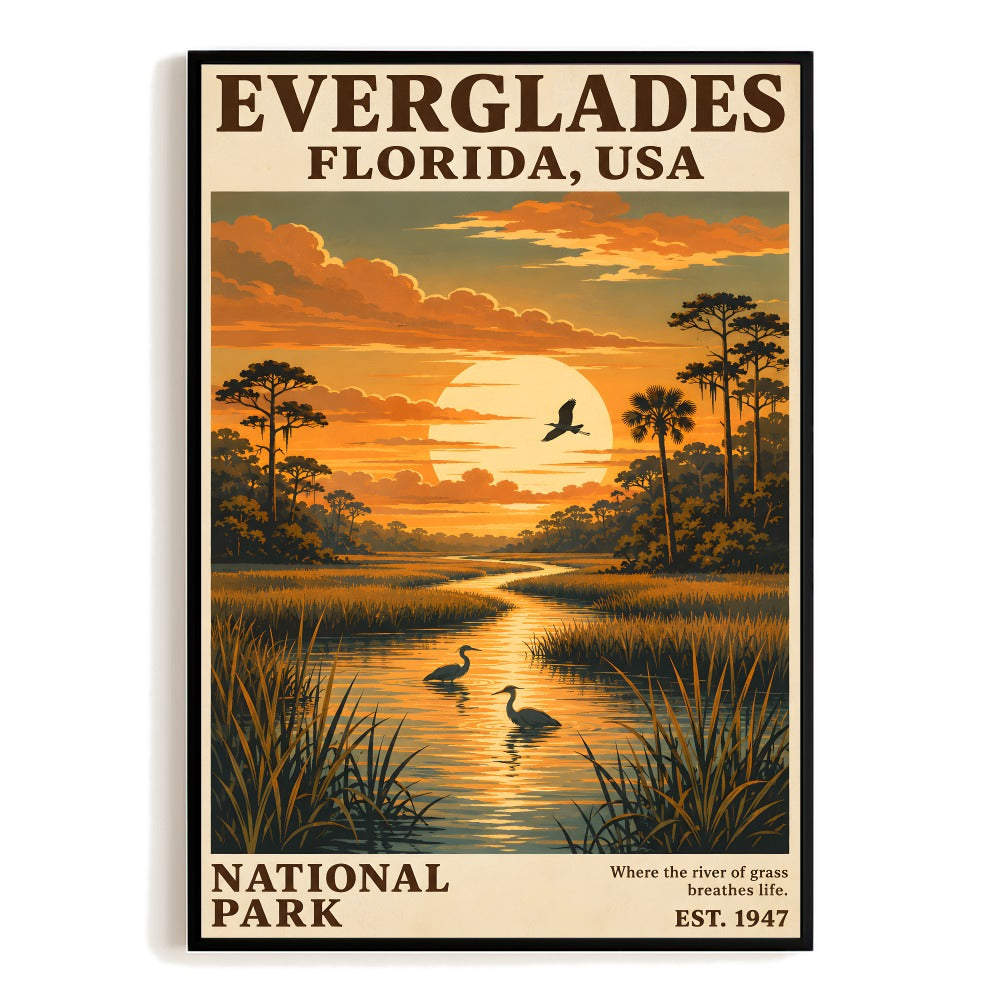 Everglades Florida Usa American National Park Souvenir Gift Vintage Travel Poster Bird Sunset Landscape Wall Art Print For Home Living Room Bedroom Decor Unframed | teecentury
