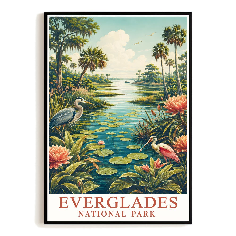 Everglades National Park Travel Gift Poster Vintage Florida Wetlands Landscape Wall Art Print Lily Pads Birds River Scene Home Decor Living Room Bedroom Unframed | teecentury
