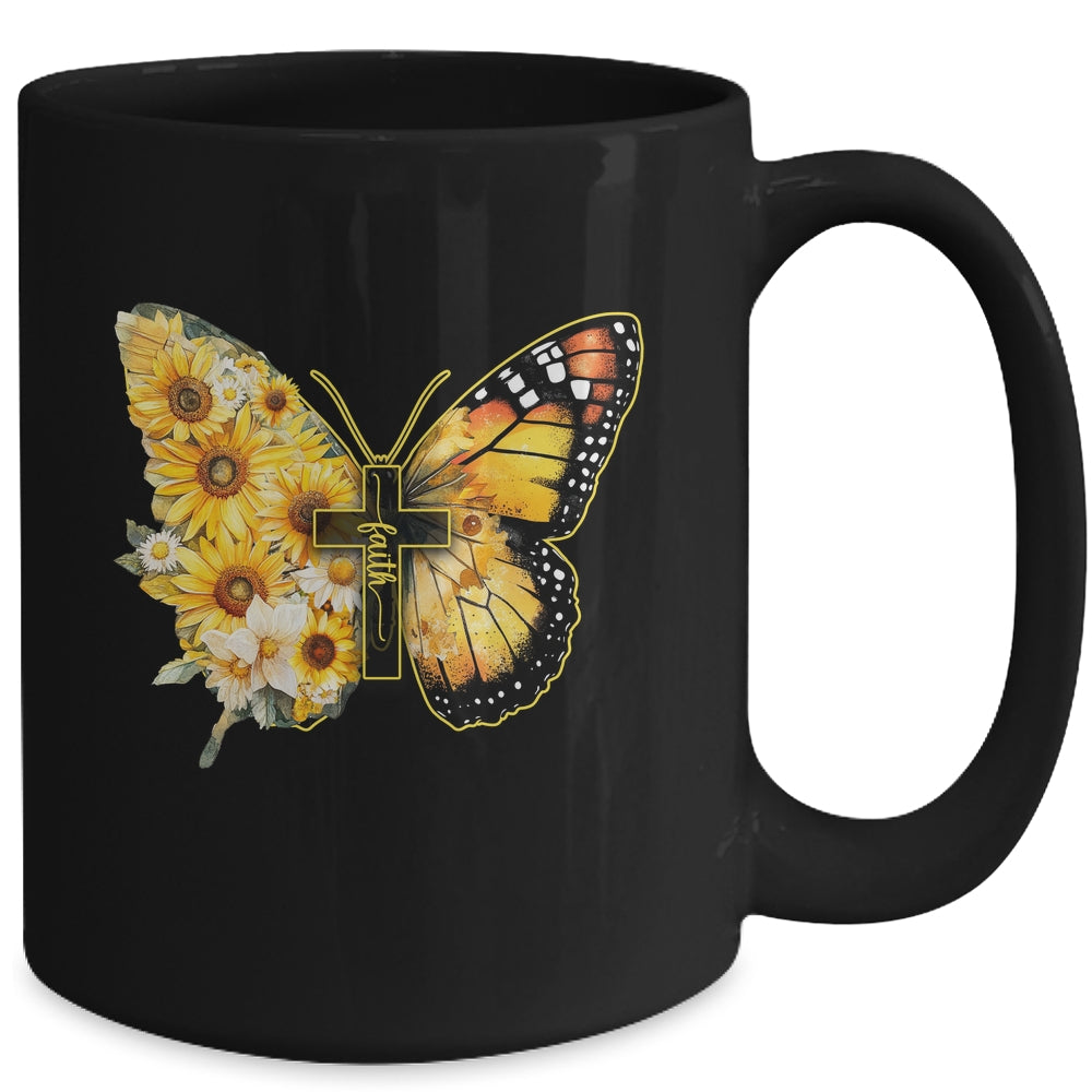 Faith Cross Sunflower Butterfly Christian Women Vintage Mug | teecentury