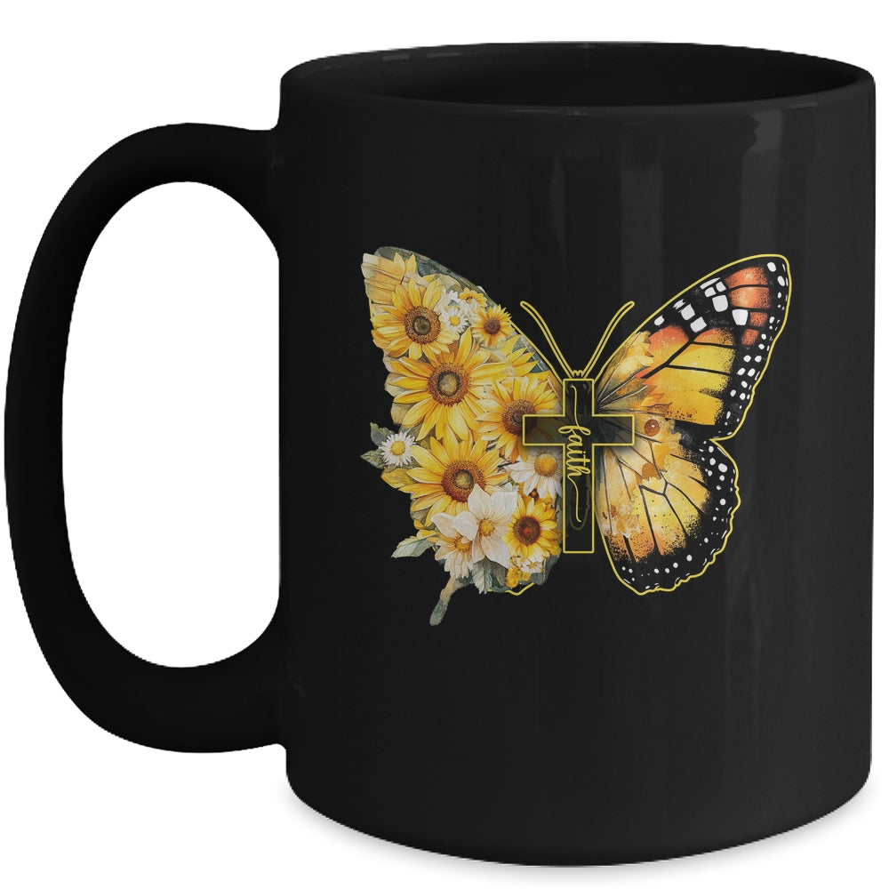 Faith Cross Sunflower Butterfly Christian Women Vintage Mug | teecentury