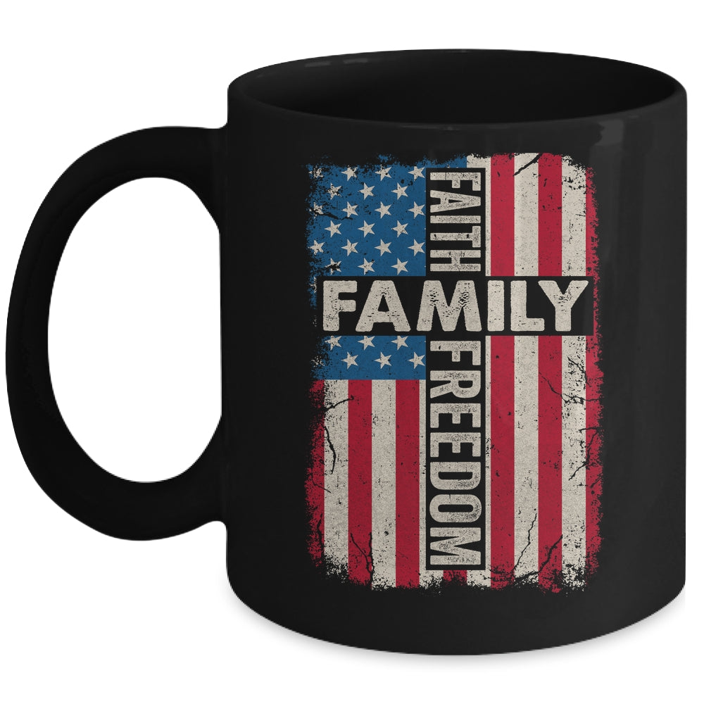 Faith Family Freedom Patriotic Christian Vintage USA Flag Mug | teecentury