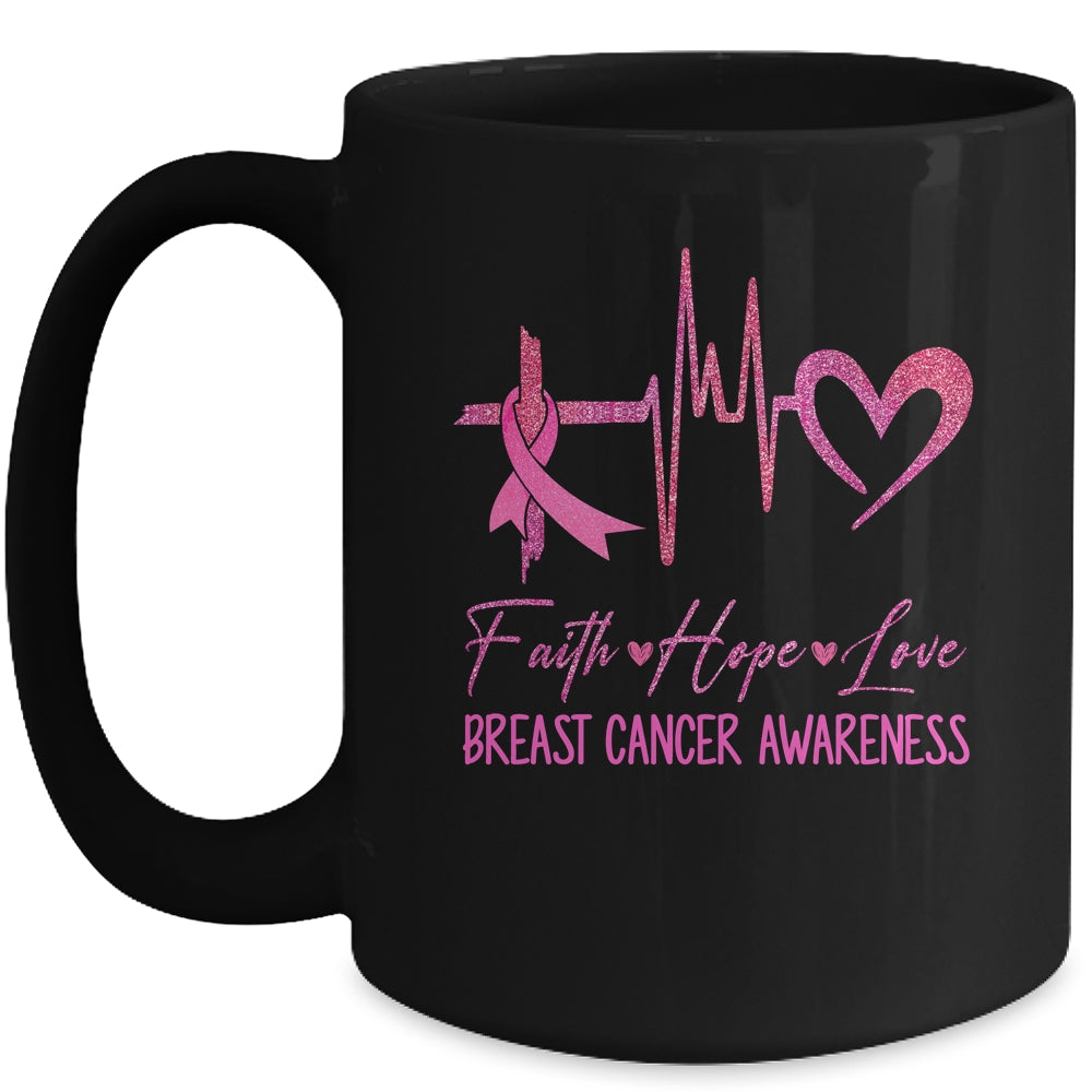 Faith Hope Love Breast Cancer Awareness Ribbon Heartbeat Mug | teecentury