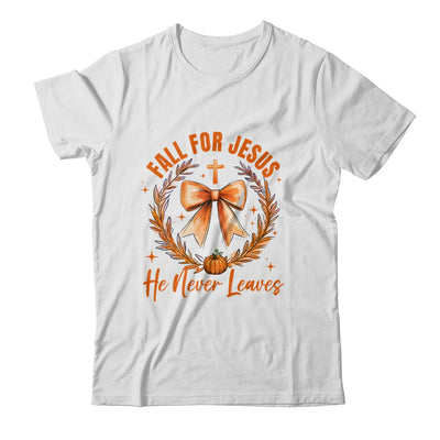Fall For Jesus He Never Leaves Fall Autumn Coquette Bow Pumpkin Shirt & Sweatshirt | teecentury
